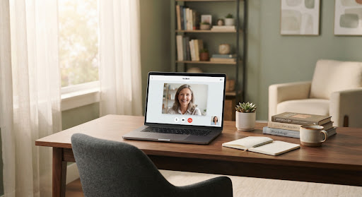 A calm home workspace set up for a video therapy session
